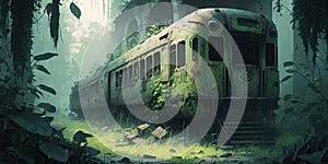 abandoned places overgrown with jungle post apocalypse illustration design art.
