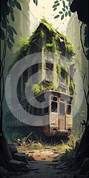 abandoned places overgrown with jungle post apocalypse illustration design art.
