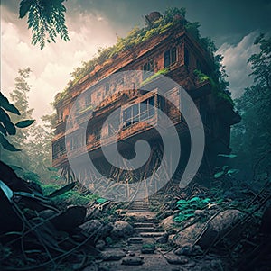 abandoned places overgrown with jungle post apocalypse illustration design art.