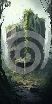 abandoned places overgrown with jungle post apocalypse illustration design art