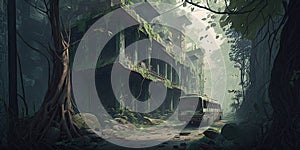 abandoned places overgrown with jungle post apocalypse illustration design art