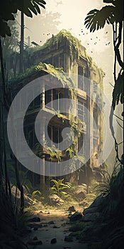 abandoned places overgrown with jungle post apocalypse illustration design art