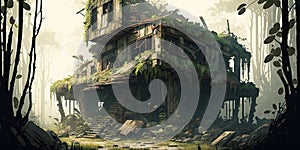 abandoned places overgrown with jungle post apocalypse illustration design art
