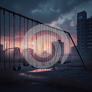 Abandoned Playground at Sunset in a Desolate Urban Landscape