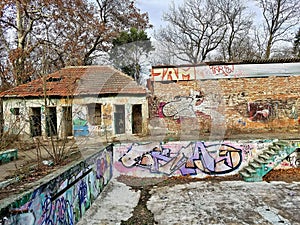 Abandoned pool and building