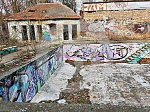 Abandoned pool and building