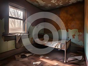 Abandoned prison cell room with old rusty bed frame and peeling walls