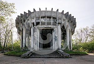 Abandoned pump-room building in Tsimlyansk, Russia, Soviet modernism era brutalism style photo