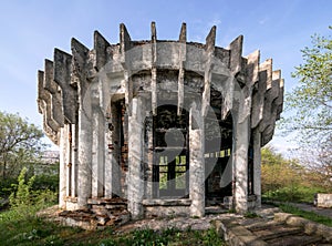 Abandoned pump-room building in Tsimlyansk, Russia, Soviet modernism era brutalism style photo