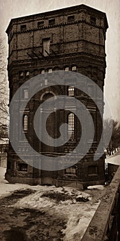 Abandoned pumping station. Old water tower. Architectural value