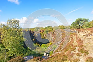 Abandoned gritstone quarry on Stanton Moor in Derbyshire