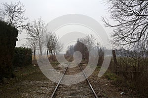 Abandoned railroad track bordered by trees and plant in the italian countryside in winter