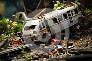 Abandoned railroad tracks with toy cars. Selective focus, Train crashes in car, AI Generated