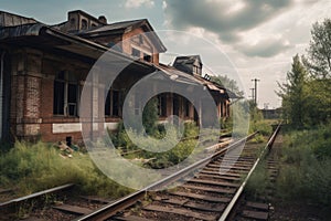 abandoned railway station, with old train cars and tracks left behind