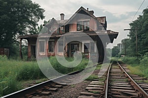 abandoned railway station, with old train cars and tracks left behind