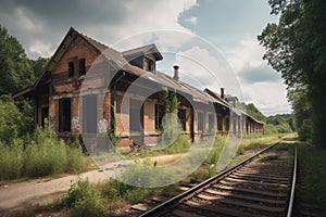 abandoned railway station, with old train cars and tracks left behind