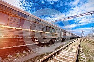 Abandoned railway station . Rusty weathered peeled paint of an old wagon