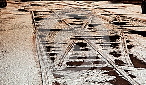 Abandoned railway tracks in the city