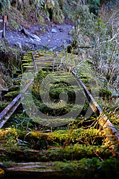 Abandoned railway tracks Jianqing Huaigu Trai at Taipingshan National Forest Recreation Area in Yilan,