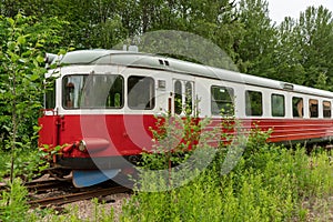 Abandoned red and white rail bus standing on an overgrown track