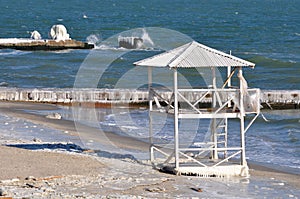 Abandoned Rescue Station. Beach tower on the Black Sea in winter