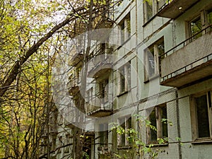 Abandoned residential building. Previous roads and alleys are taken by trees and bushes. Ghost town of Pripyat, Chernobyl