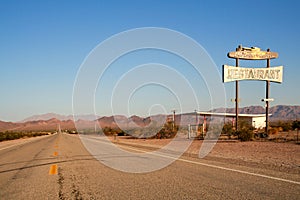 Abandoned restaurant and pump station along Route 66 in California, USA