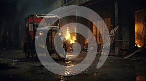 Abandoned Rickshaw Taxi In Cinematic Burned Warehouse Scene