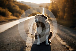 Abandoned road dog cute deplorable holiday retriever lonely pet derelict friends route leaves friendship sad vacation path photo