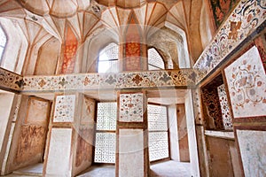 Abandoned room of Persian palace Hasht Behesht with historical fresco on the walls