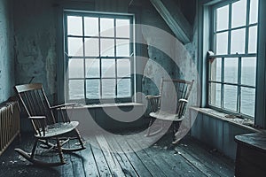 Abandoned Room with Vintage Wooden Chairs and Dusty Windows Overlooking a Bleak Atmosphere