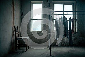 Abandoned room with weathered walls, single chair, and clothes on the hanger