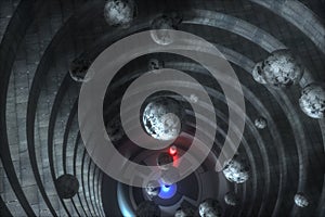 An abandoned round tunnel building in darkness, with scene of science fiction, 3d rendering