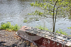 An abandoned row boat along a Delaware shore