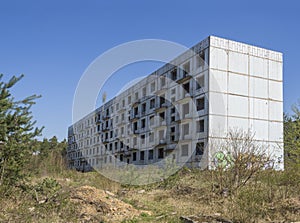Abandoned ruined block of flats, former Russian soldier houses at uranium mining city Ralsko, Czech Republic, former