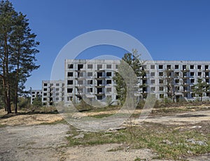 Abandoned ruined block of flats, former Russian soldier houses at uranium mining city Ralsko, Czech Republic, former