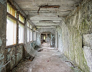 Abandoned ruined corridor in Pripyat school