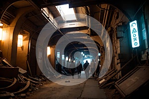 Abandoned and ruined dark industrial creepy warehouse, corridor or tunnel view, old grunge factory building.