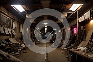 Abandoned and ruined dark industrial creepy warehouse, corridor or tunnel view, old grunge factory building.