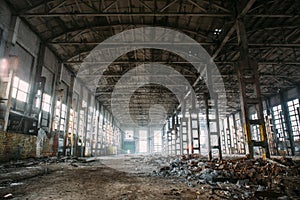 Abandoned ruined industrial factory building, ruins and demolition concept