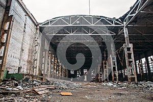 Abandoned ruined industrial factory building, ruins and demolition concept