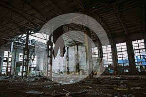 Abandoned ruined industrial factory building, ruins and demolition concept