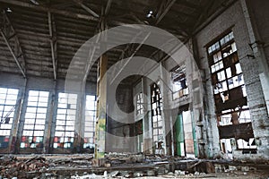 Abandoned ruined industrial factory building, ruins and demolition concept