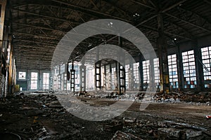 Abandoned ruined industrial factory building, ruins and demolition concept