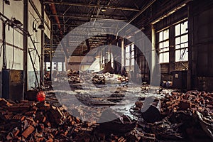 Abandoned ruined industrial warehouse or factory building inside, corridor view with perspective, ruins and demolition concept