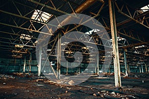 Abandoned ruined industrial warehouse or factory building inside, corridor view with perspective, ruins and demolition concept