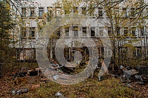 Abandoned ruined multi storey building located in the Chernobyl ghost town