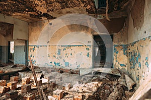 Abandoned Ruined Old Village School Building In Chernobyl Resettlement Zone. Belarus. Chornobyl Catastrophe Disasters