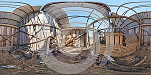 Abandoned ruined wooden barn. full seamless spherical hdri panorama 360 degrees angle view in sunny day in equirectangular