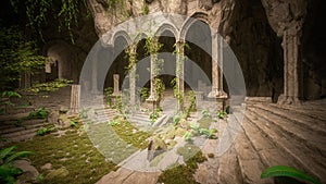 Abandoned ruins of a fantasy gothic temple or tomb. 3D illustration